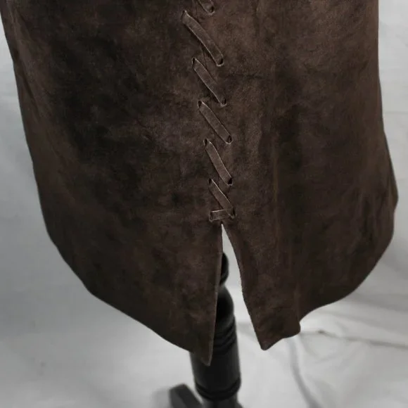 Vintage 1990s Chocolate Brown 100% Leather Sueded Skirt with Side Stitch - Picture 5 of 14